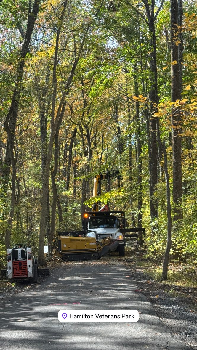 Bandit brush chipper processing tree debris at Hamilton Veterans Park land clearing — Pro-Stump Tree Service, Hamilton Township NJ